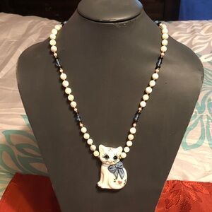 Charming Cat Pendant Necklace with Blue and White Beads